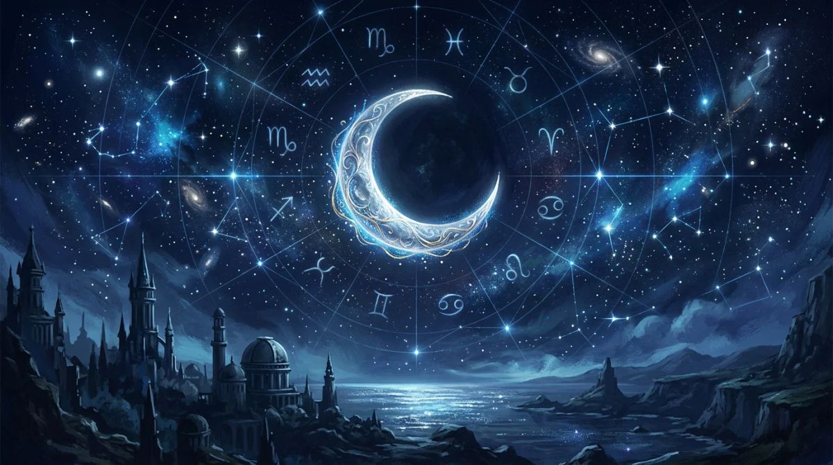 A silver crescent moon in a starfield representing the Aquarius moon sign.