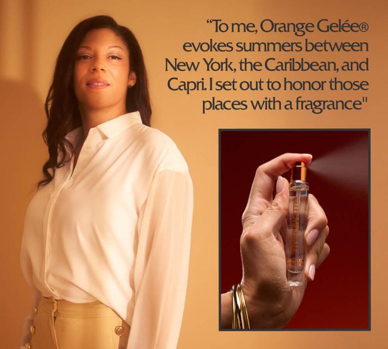 A woman next to a quote about the Orange Gelée® fragrance, with an inset of a hand spraying the perfume bottle.