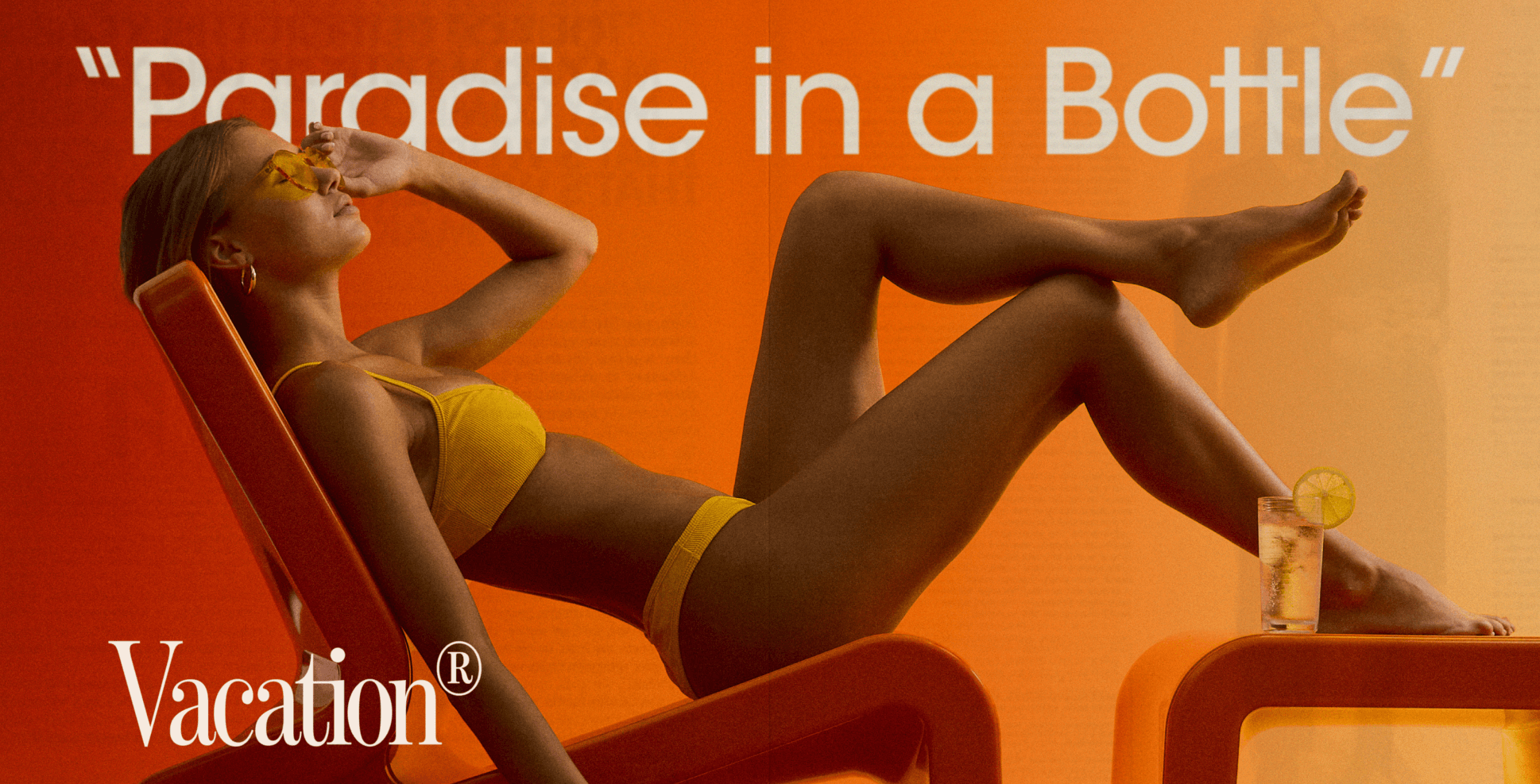 magazine style image of a woman in a bikini laying in a chair with the headline "Paradise in a Bottle"