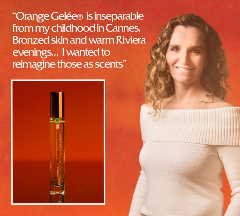 Smiling woman, 'GELÉE VANILLE' perfume bottle, and text about 'Orange Gelée' inspired by Cannes childhood.