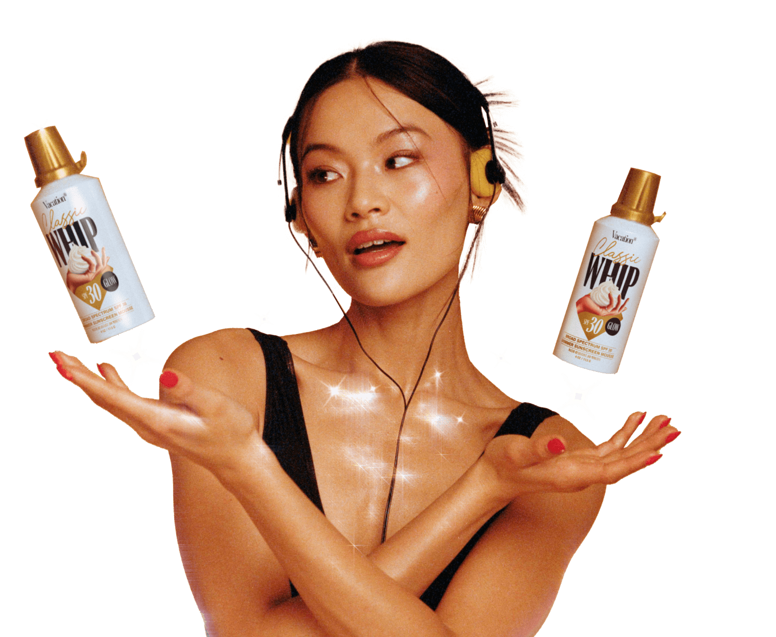 a woman wearing headphones holds up two bottles of floating whip