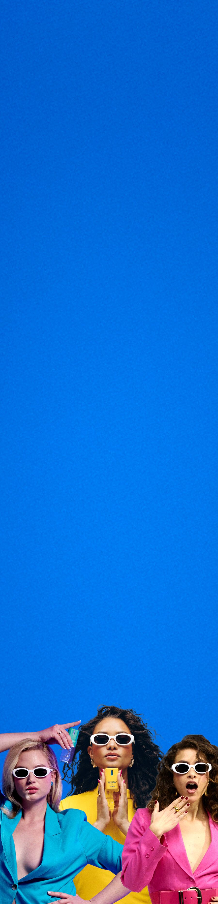three women wearing sunglasses against a blue background