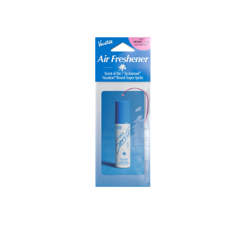 Blue Vacation Super Spritz Air Freshener spray bottle in its clear retail package.