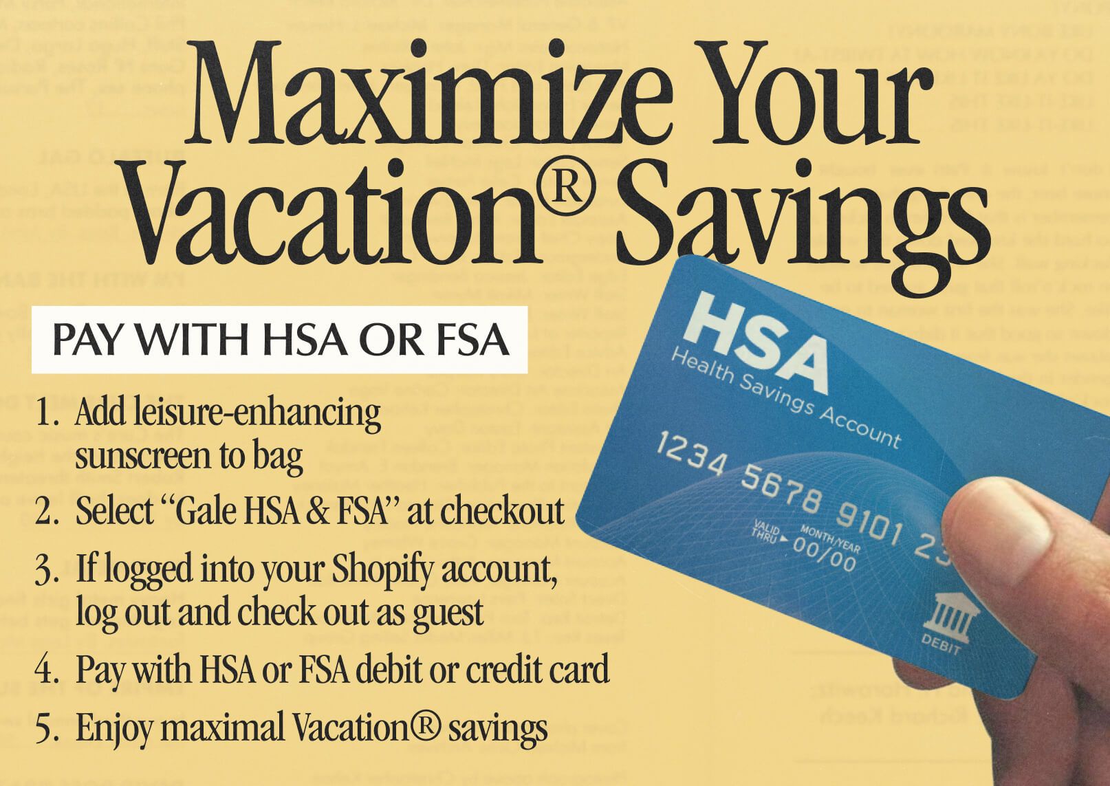 Guide to maximize Vacation® Savings with HSA/FSA payments, featuring a hand holding an HSA debit card.