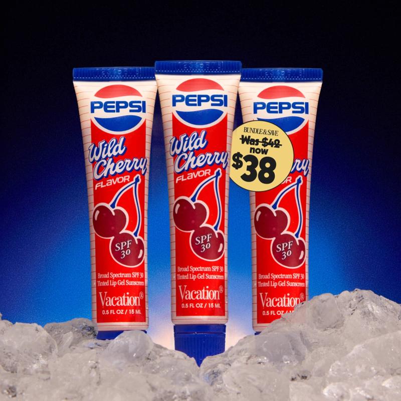 Three tubes of Pepsi Wild Cherry SPF 30 tinted lip gel sunscreen by Vacation, displayed in ice with a blue background. A yellow tag on one tube shows a $38 bundle price, marked down from $42.
