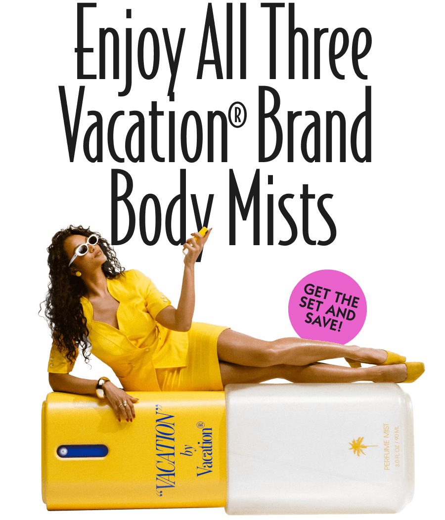 a woman in a yellow dress is laying on a vacation body mist