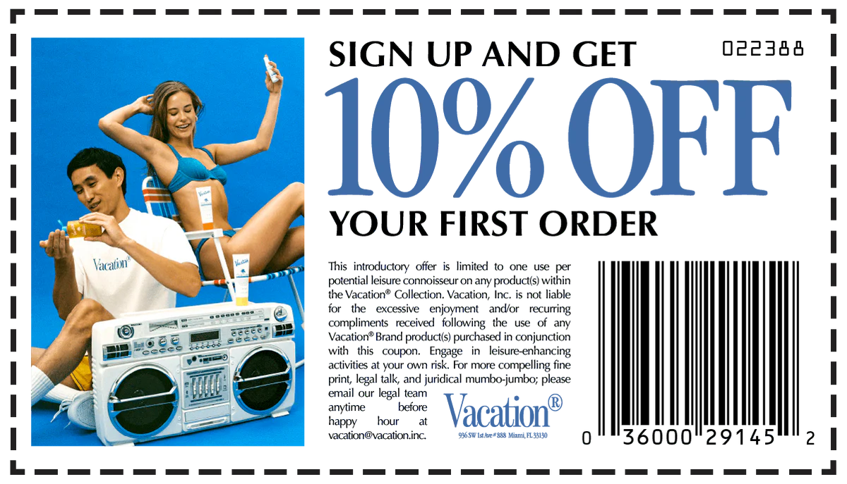 sign up and get 10 % off your first order for vacation