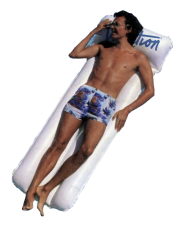 a shirtless man is laying on a raft that says vacation