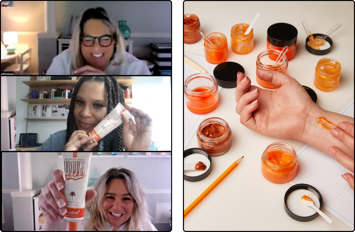 a woman holding a tube that says ' avocado ' on it