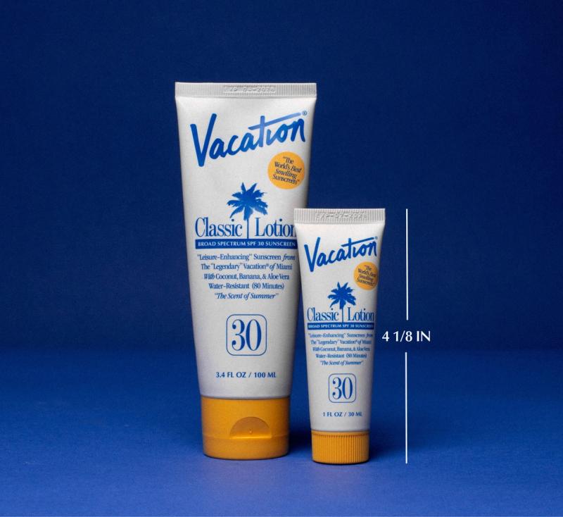 a mini classic lotion, measuring 4 1/8 in, next to a full sized tube