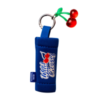 A blue "Wild Cherry" lip balm keychain holder with a red cherry charm.