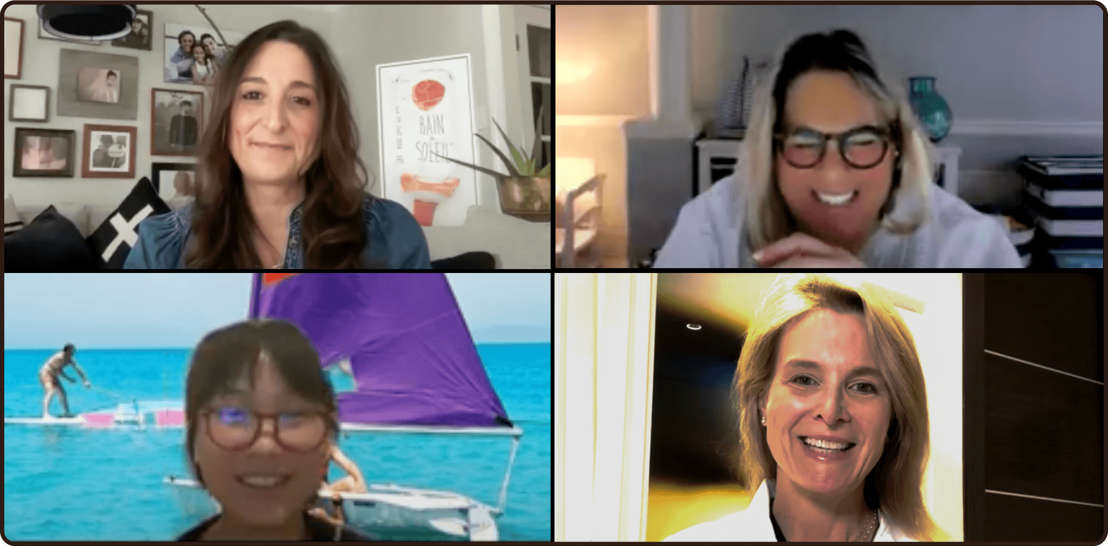four people are on a video call with a sailboat in the background