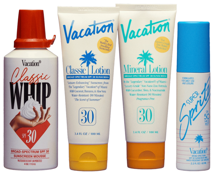 several bottles of vacation products including classic lotion mineral lotion and chardonnay oil