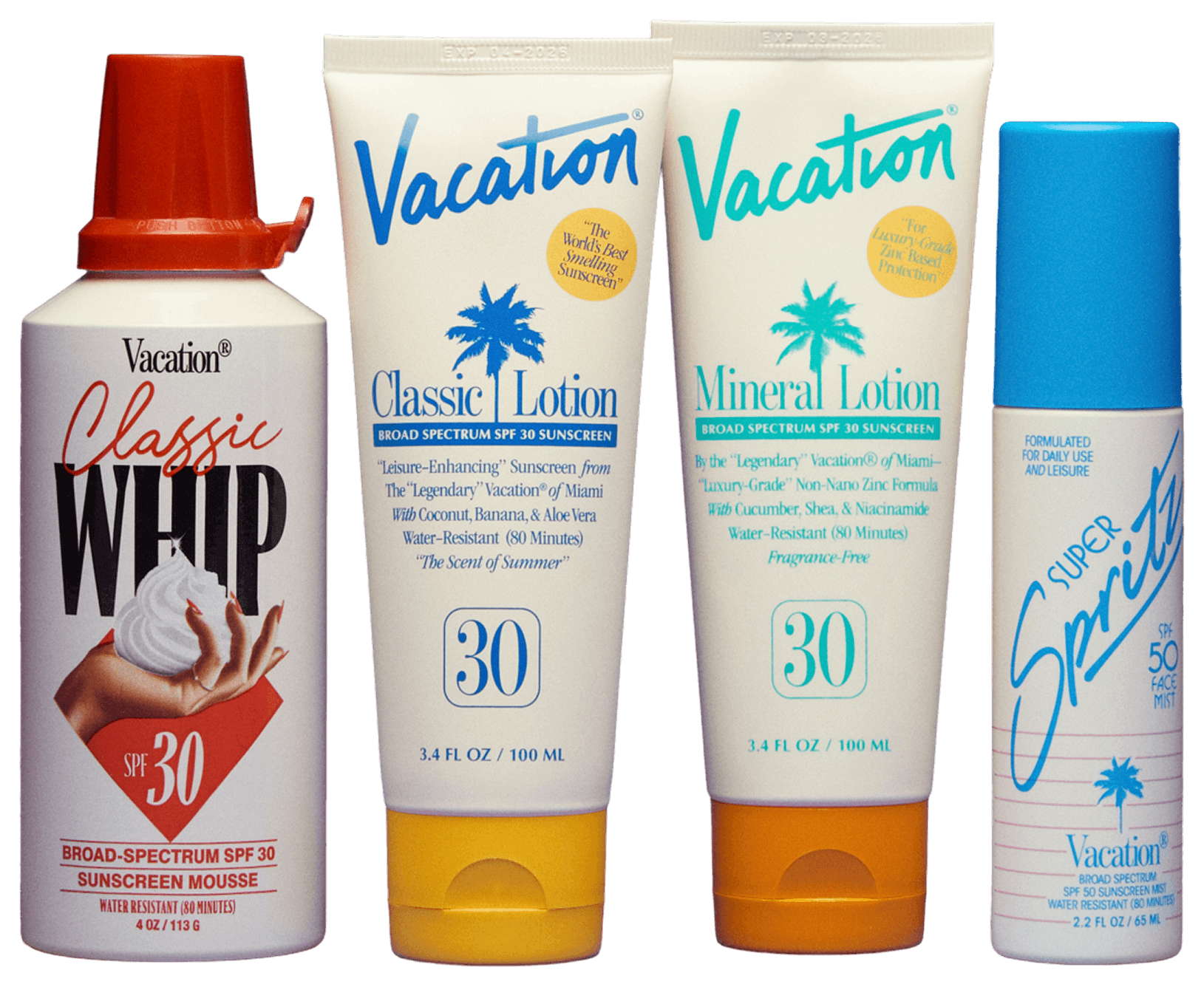 several bottles of vacation products including classic lotion mineral lotion and chardonnay oil