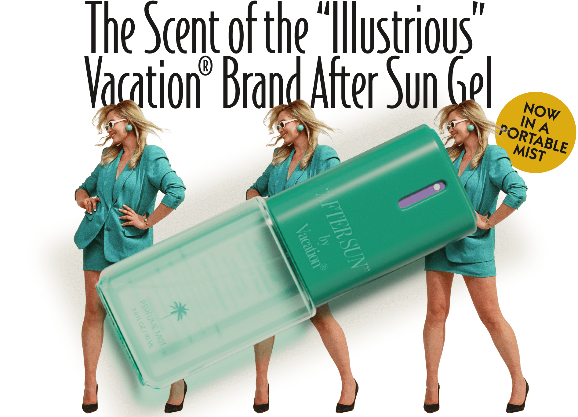 a woman in a green suit dancing with an overlay of "AFTER SUN" Body Mist