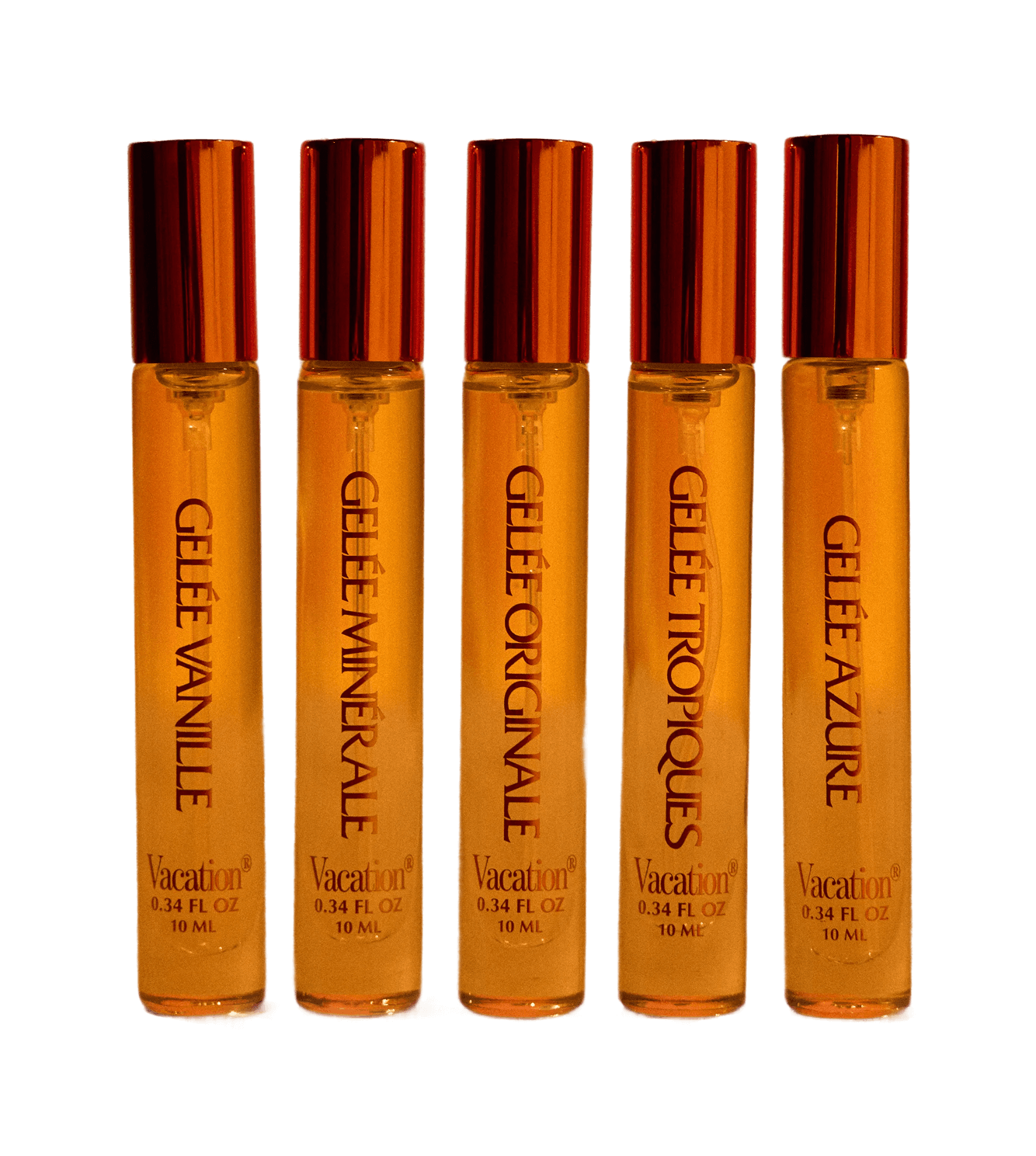 Five amber-colored Vacation brand perfume spray bottles, labeled Gelée Vanille, Minérale, Originale, Tropiques, and Azure.
