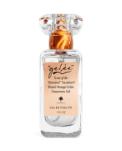 Clear glass bottle of 'gélée' Eau de Toilette, 1 FL OZ, with a faceted crystal cap and a peach-colored label stating 'Scent of the "Revisited" Vacation® Brand Orange Gelée Sunscreen Gel'.