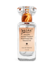 Clear glass bottle of 'gélée' Eau de Toilette, 1 FL OZ, with a faceted crystal cap and a peach-colored label stating 'Scent of the "Revisited" Vacation® Brand Orange Gelée Sunscreen Gel'.
