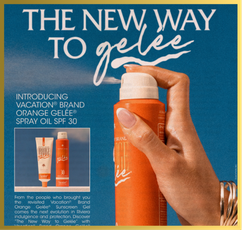 A hand sprays Vacation Orange Gelée Spray Oil SPF 30 from an orange bottle against a blue background with text 'The New Way to Gelée'.