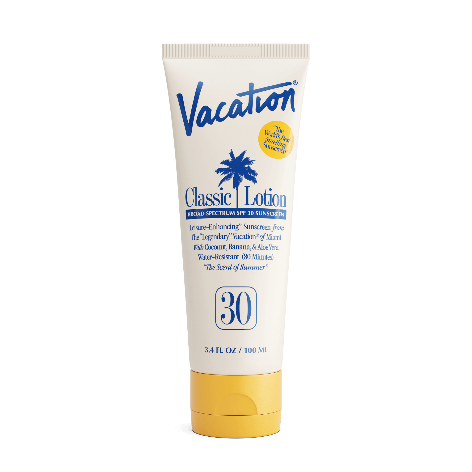 Vacation Classic Lotion SPF 30 sunscreen with a yellow cap and blue palm tree icon.