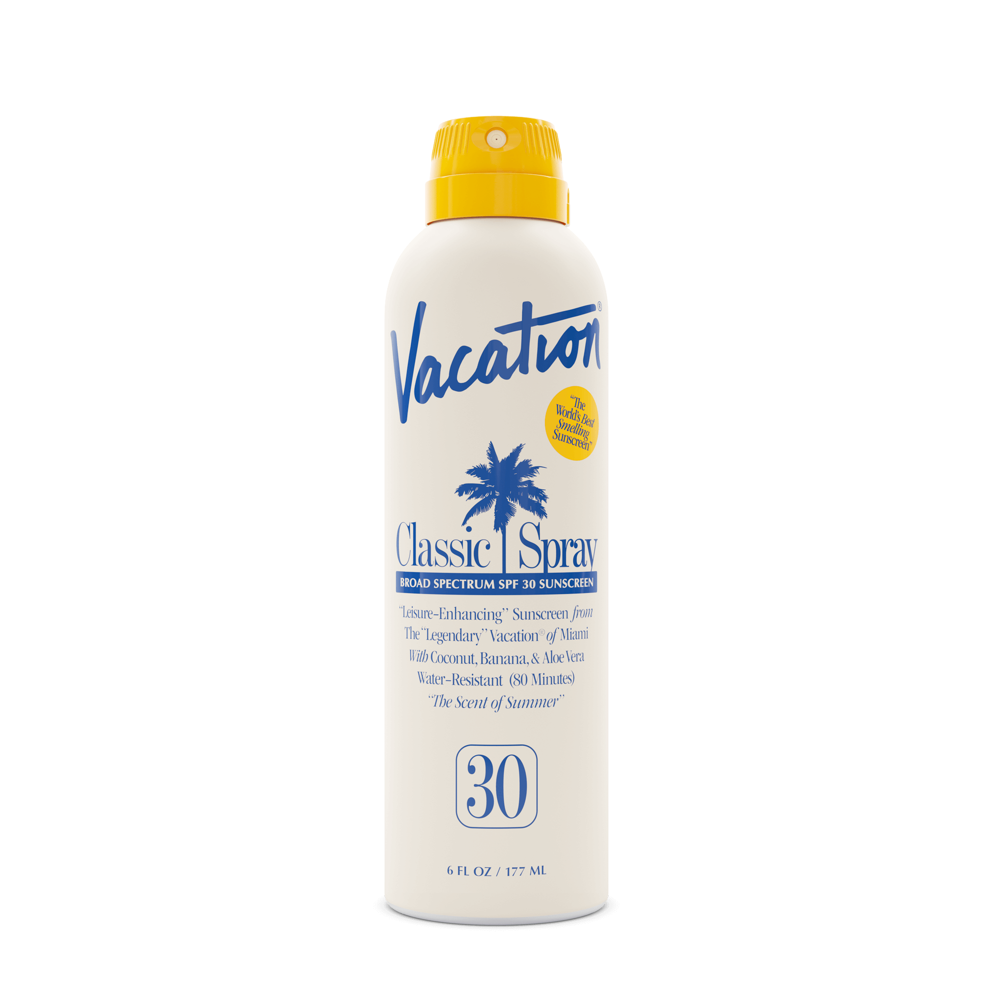 Vacation Classic Spray SPF 30 sunscreen can with yellow cap and an Allure Best of Beauty 2022 award winner badge.