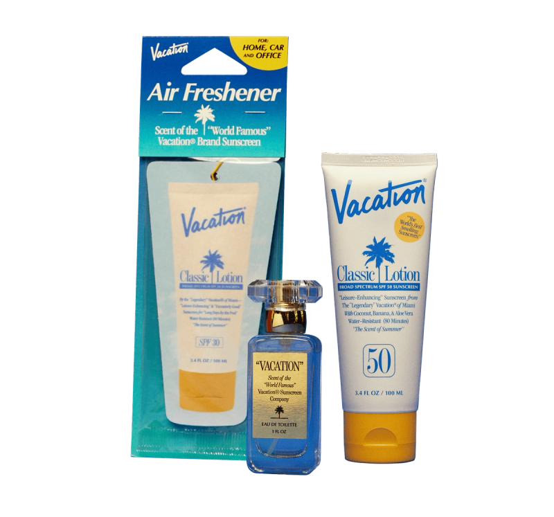 a bottle of vacation classic lotion next to a bottle of vacation air freshener