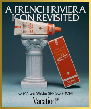 A vintage-style ad featuring a tube of Vacation Orange Gelée SPF 30 sunscreen on a miniature classical column, with its orange box beside it.