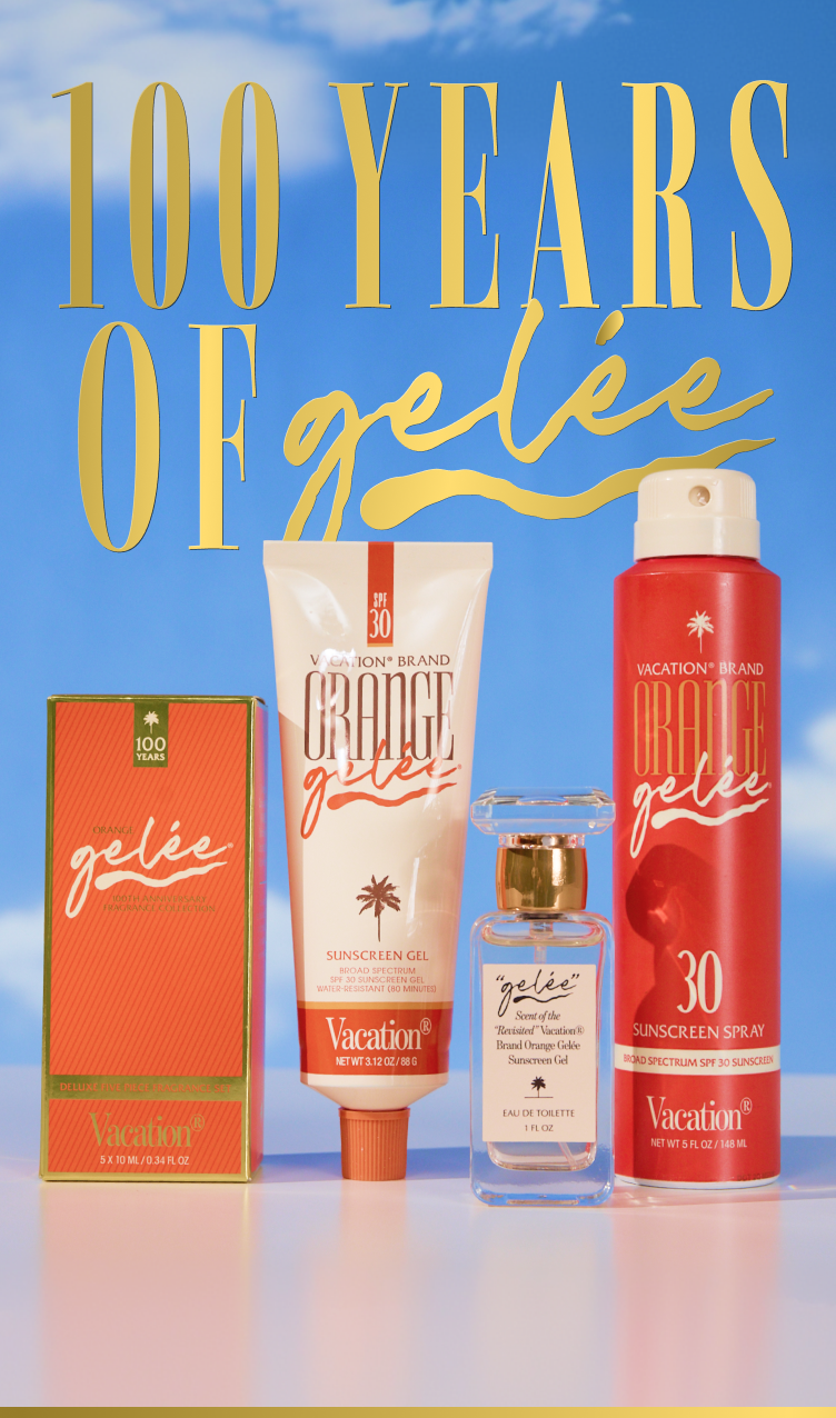 Four Vacation Brand Orange Gelée products: a perfume box, sunscreen gel, eau de toilette, and sunscreen spray, against a blue sky.