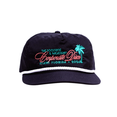 a navy headpiece adorned with "Corporate Disco" embroidery and a white rope