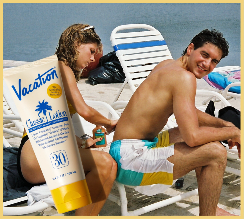 Vacation® Classic Lotion 30 SPF beach lifestyle image with product overlay
