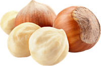 a pile of hazelnuts with one being peeled