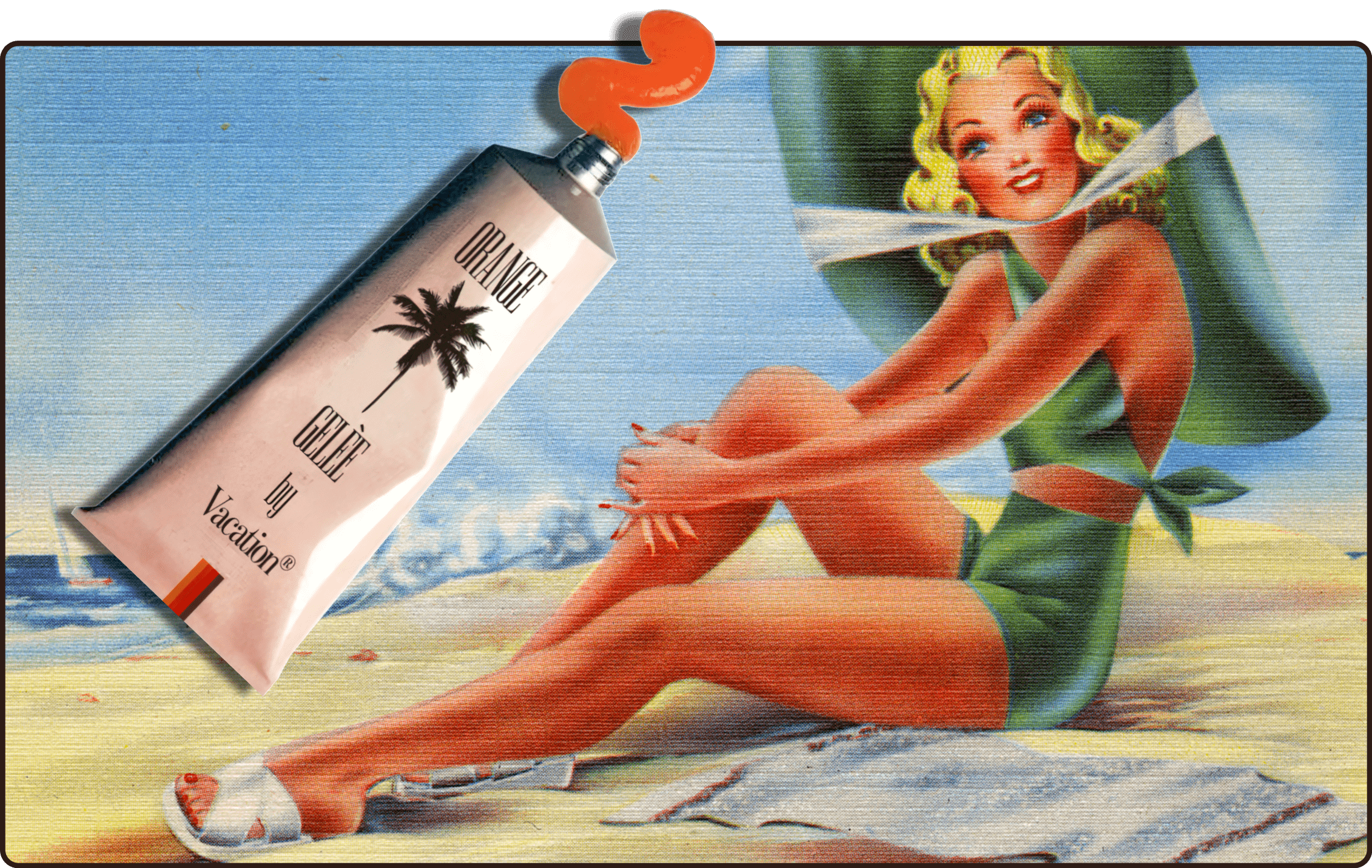 a tube of orange gel is next to a painting of a woman on the beach