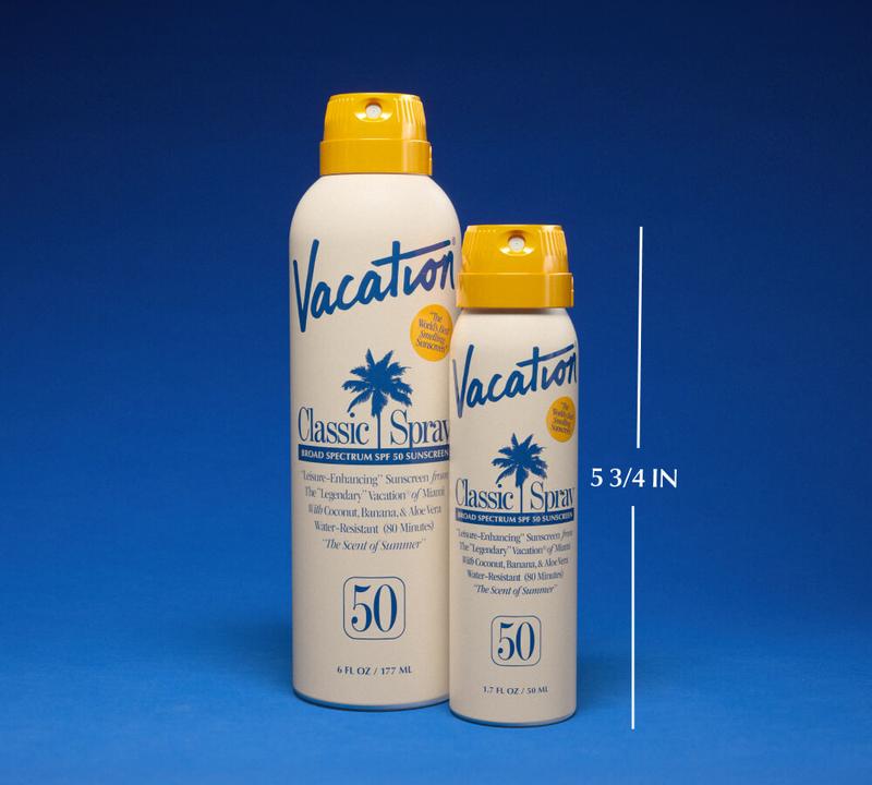 two bottles of vacation classic spray on a blue background