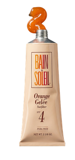 A beige tube of Bain de Soleil Orange Gelée Sunfilter SPF 4 with orange gel squeezed out of the top.