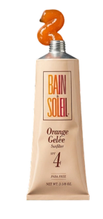 A beige tube of Bain de Soleil Orange Gelée Sunfilter SPF 4 with orange gel squeezed out of the top.