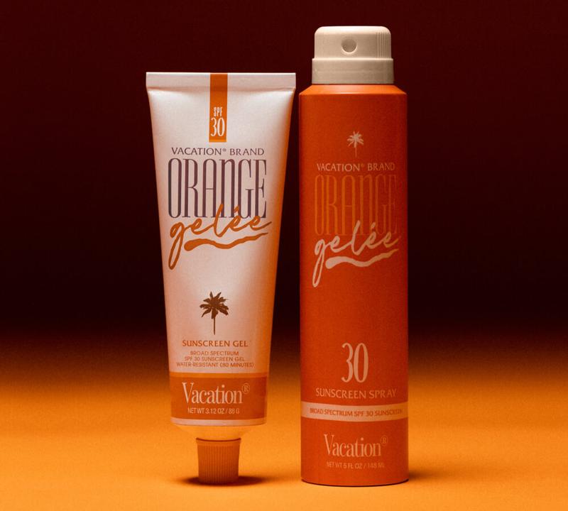 Vacation® Brand Orange Gelée SPF 30 sunscreen gel tube and spray on orange