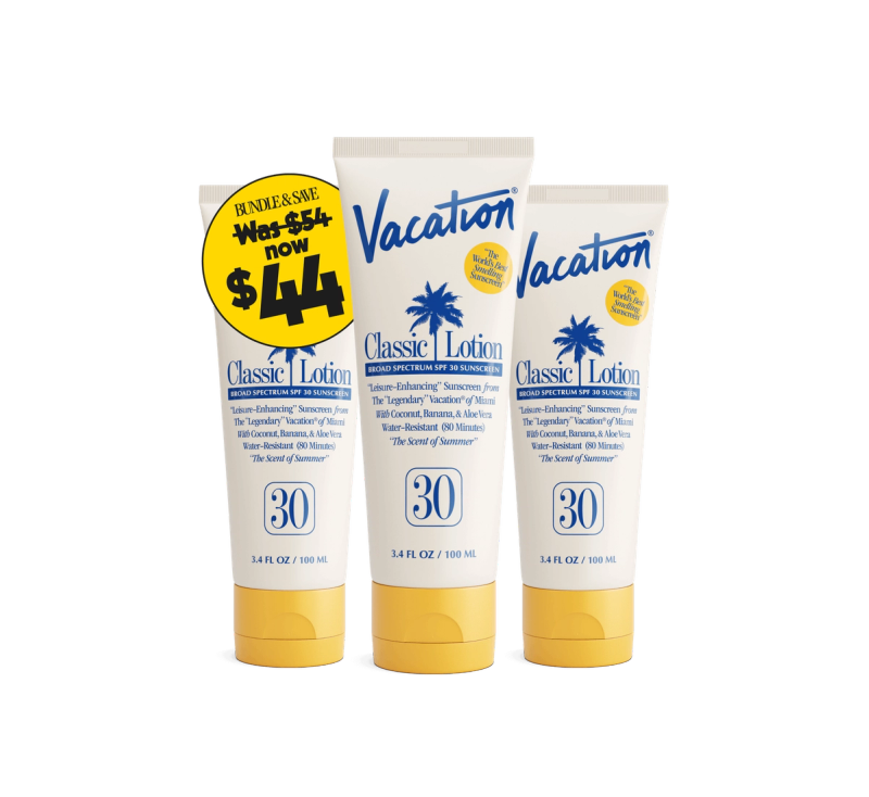 three tubes of vacation classic lotion are lined up on a white background