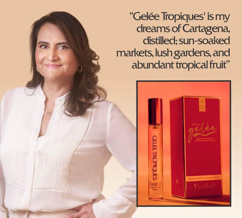A smiling woman in a white shirt next to a Vacation® Gelée Tropiques perfume rollerball and red box, with a quote describing the fragrance's inspiration.
