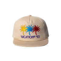 A Vacation® Jazz Palms Rope Hat, with a yellow, blue, and pink palm tree reading "Vacation® '93"