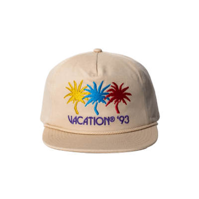 A Vacation® Jazz Palms Rope Hat, with a yellow, blue, and pink palm tree reading "Vacation® '93"