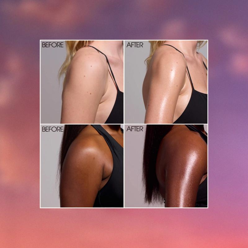 Before and after comparison of a light and a dark-skinned arm showing a shimmery, glowing effect.