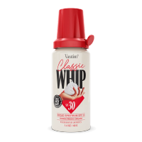 Vacation Classic Whip SPF 30 sunscreen in a can designed like a whipped cream dispenser, with a "DO NOT EAT" warning.