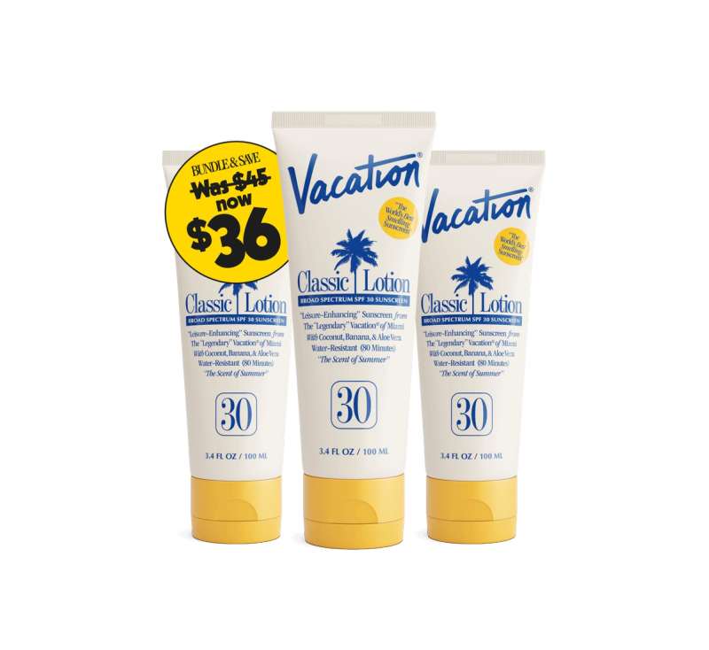 three bottles of vacation classic lotion are stacked on top of each other