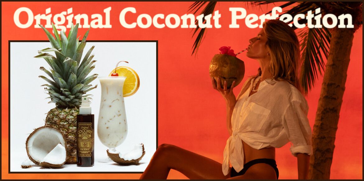 Promotional image for "Original Coconut Perfection" featuring a woman drinking from a coconut and a product display with tropical fruits, a drink, and a bottle.