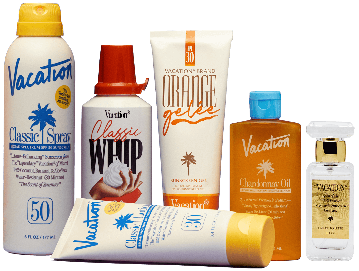 several bottles of vacation brand products are displayed