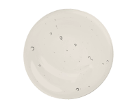 a white plate with bubbles on it on a black background .