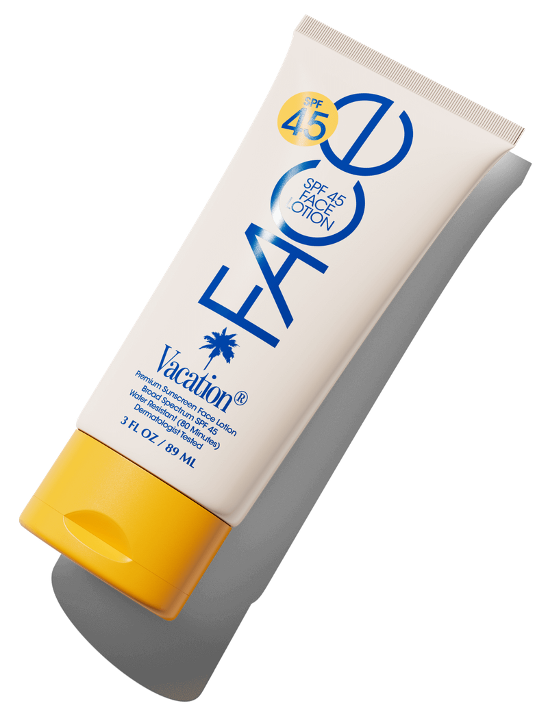 A white tube of Vacation SPF 45 Face Lotion with a yellow cap.