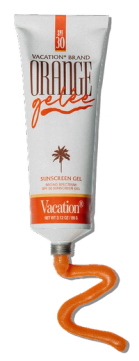 Vacation Brand Orange Gelée SPF 30 Sunscreen Gel tube with orange gel squeezed out below it.