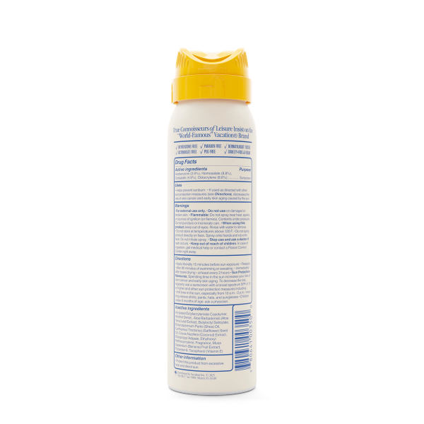 the back of a sunscreen spray bottle shows the ingredients