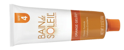 Bain de Soleil Orange Gelée SPF 4 sunscreen in a white tube with an orange cap.